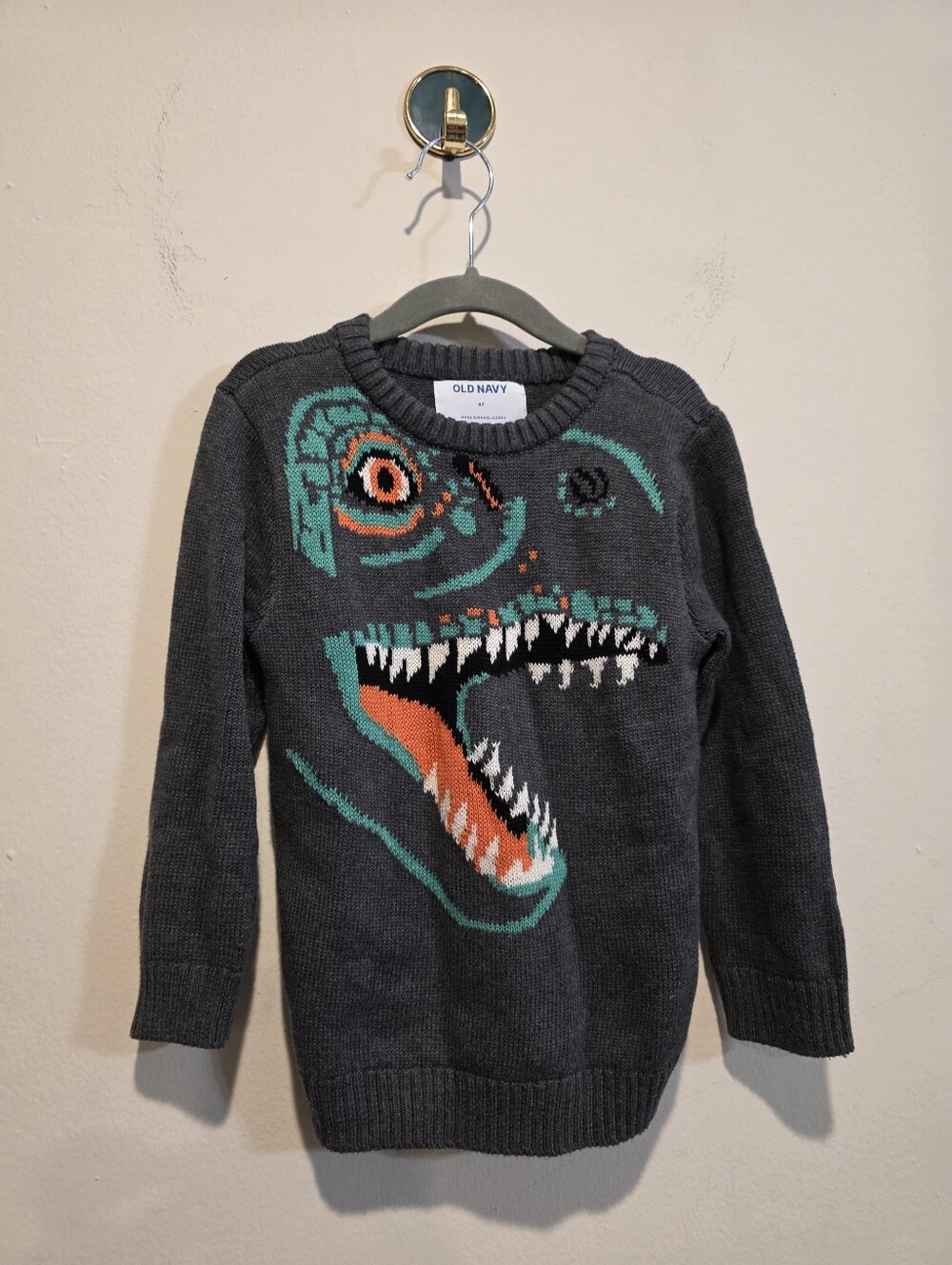 Old Navy Kids' Charcoal Dinosaur Graphic Sweater - Charcoal/Teal/Orange